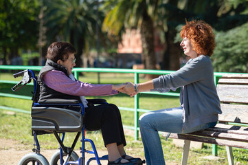 Nurse holding hands of senior woman in wheelchair in a park, showing empathy and care