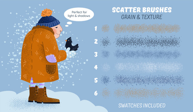 Grain scatter and texture brushes. Set of abstract grunge strokes. Collection with noise effect, grunge textures, paint splash, halftone. Vector design kit. Swatches included. Editable size and color.