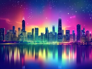 Obraz premium Colorful rainbow gradient skyline of Chicago cityscape illustration