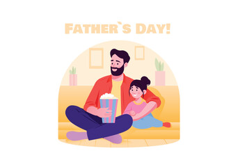 A father and daughter sit together on a sofa, enjoying popcorn while celebrating Father's Day. Vector illustration