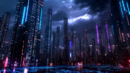 Digital Skyline of Neon Skyscrapers in Modern Metropolis