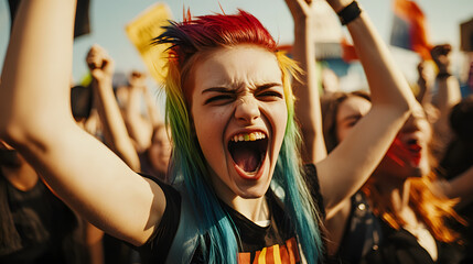 Youth Activism: Teenagers with colorful hair and rebellious spirit, shouting slogans for climate change, equality, and justice. Their energy is contagious, and the plain background keeps the 