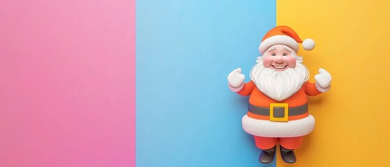 A cartoonish santa standing on a blue and pink background