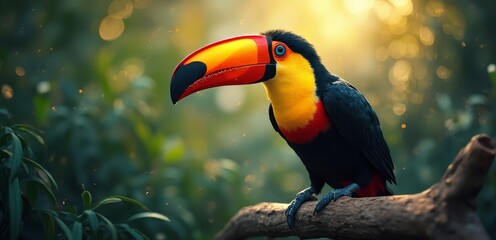 Obraz premium A colorful toucan sitting on a tree branch in the jungle