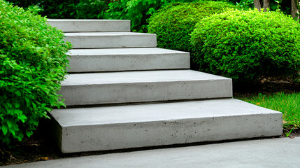 concrete steps in garden, the bushes and trees are on both sides of concrete steps