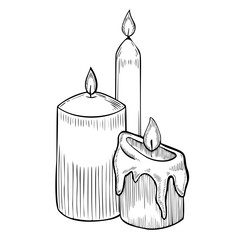 Candles with flame vector illustration. Outline drawing of object for party celebration painted by black inks on isolated background. Etching of cozy home decor for meditation. Engraving candlelight.