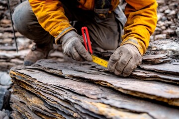 Geologist measuring rock layers in a quarry during daylight hours to analyze geological formations and sedimentary structures