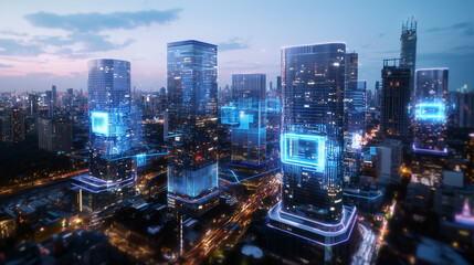 Obraz premium Transparent City Blocks with Digital Data Flowing Inside