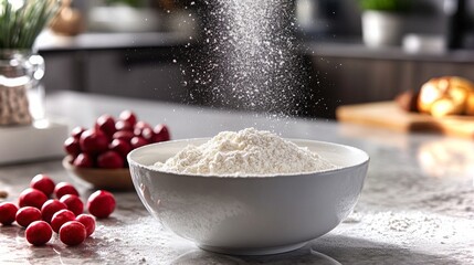 An android carefully sifts flour into a bowl on a kitchen counter during baking preparations