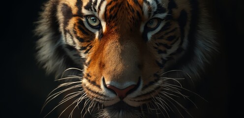 Naklejka premium A close up of a tiger's face on a black background
