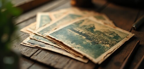 A pile of old photos sitting on top of a wooden table
