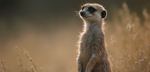 Fototapeta premium A small meerkat standing on its hind legs in a field