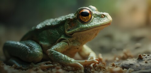 A green frog sitting on top of a dirt ground