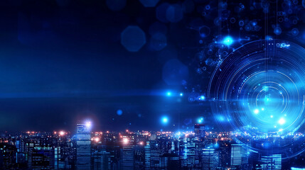 Obraz premium Abstract Data Points Above City Skyline