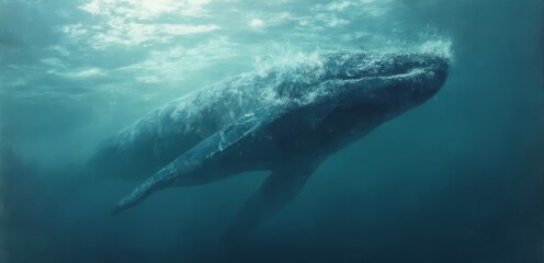 Naklejka premium A humpback whale swimming in the ocean with its mouth open
