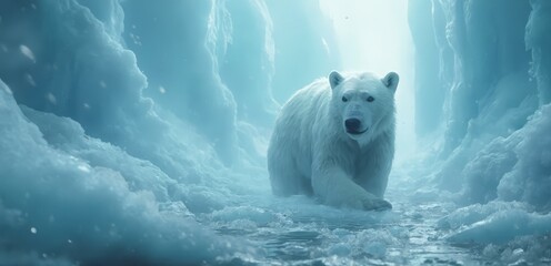 Naklejka premium A polar bear walking through an ice cave