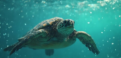 Obraz premium A turtle swimming in the ocean with bubbles