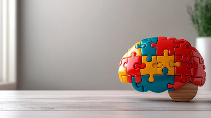 Vibrant 3D rendering of colorful puzzle pieces forming a brain shape, symbolizing mental health, creativity, and cognitive diversity in a modern interior.
