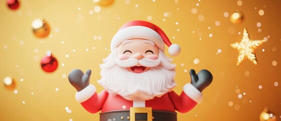 A cartoonish santa standing on a yellow background with a star