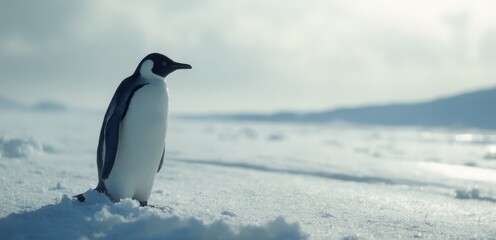 A penguin standing on top of snow covered ground