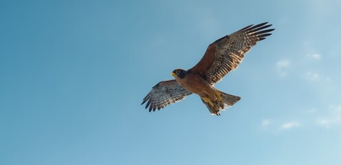 Fototapeta premium A bird flying through a blue sky with its wings spread