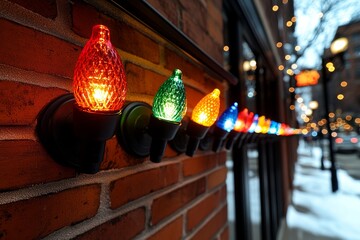 Christmas lights in a window, casting festive colors onto the snow-covered street outside