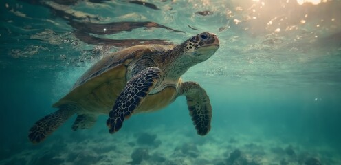 Obraz premium A turtle swimming in the ocean with the sun shining through the water