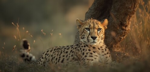 Fototapeta premium A cheetah sitting in the grass next to a tree
