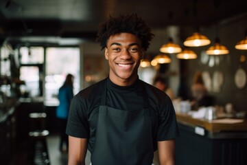 Smiling portrait of a young male African American waiter in cafe