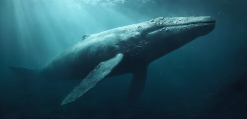 Fototapeta premium A humpback whale swimming in the ocean with sunbeams shining through the water