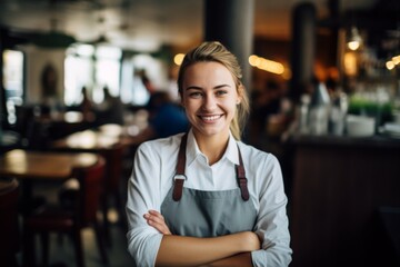 Fototapeta premium Smiling portrait of a young female waitress in cafe