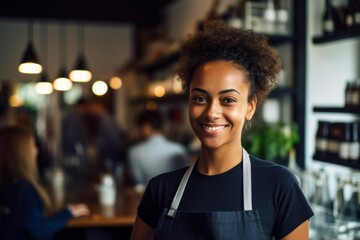 Fototapeta premium Smiling portrait of a young female waitress in cafe