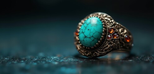 A gold ring with a turquoise stone surrounded by garnet stones