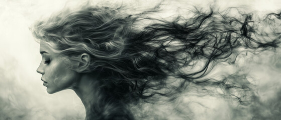 Fototapeta premium Abstract Photo of Woman with Flowing Hair in a Dreamlike, Wind-Swept Monochrome Portrait 