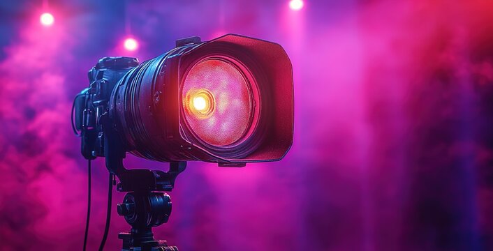 A camera lens with a red light on it is in front of a purple background