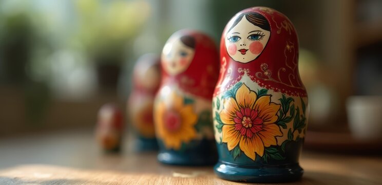A row of nesting dolls sitting on top of a wooden table