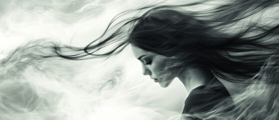 Abstract Photo of Woman with Flowing Hair in a Dreamlike, Wind-Swept Monochrome Portrait 