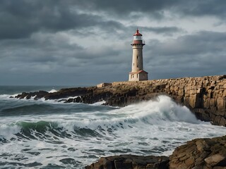 Obraz premium Lighthouse Standing Tall Against Stormy Sea and Cloudy Sky