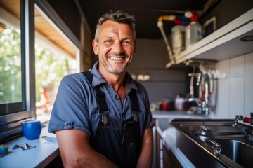 Smiling portrait of a middle aged male Caucasian plumber