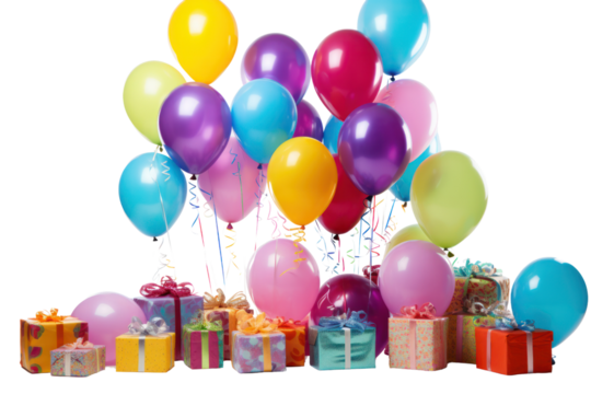 A delightful birthday setup showcasing an array of balloons in vibrant colors, a few elegantly wrapped gifts, and a burst of confetti cascading down.
