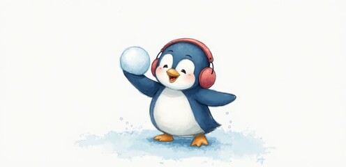 Fototapeta premium A penguin wearing headphones and holding a snowball