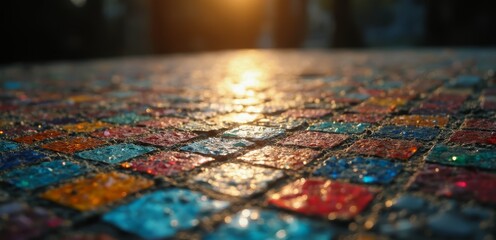 Fototapeta premium A close up of a mosaic tile table with the sun shining through it