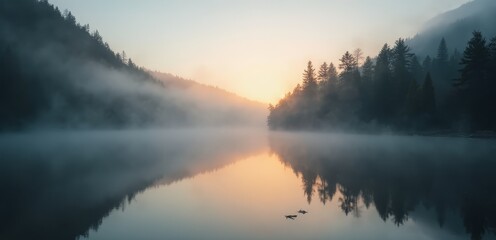 Fototapeta premium A misty sunrise over a lake with trees in the background