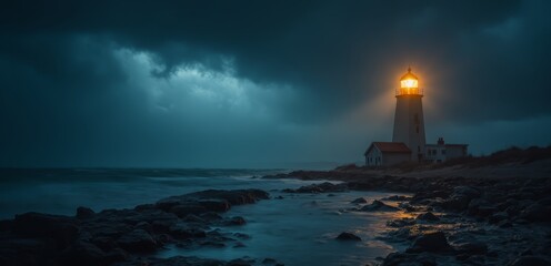 Fototapeta premium A lighthouse on a rocky shoreline under a stormy sky