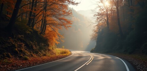 Fototapeta premium A winding road in the middle of a forest in the fall