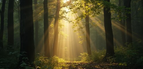 Obraz premium The sun is shining through the trees in the forest