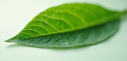 Obraz premium A green leaf with water droplets on it