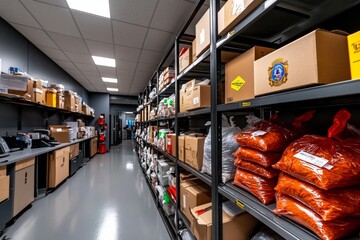 Evidence room with sealed bags, boxes, and labeled items on metal shelves in the police office