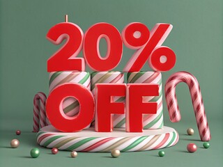 Festive holiday sale advertisement with bold red text '20% off' surrounded by candy-themed decorations on a green background.
