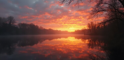 Fototapeta premium A beautiful sunset over a lake with trees in the foreground